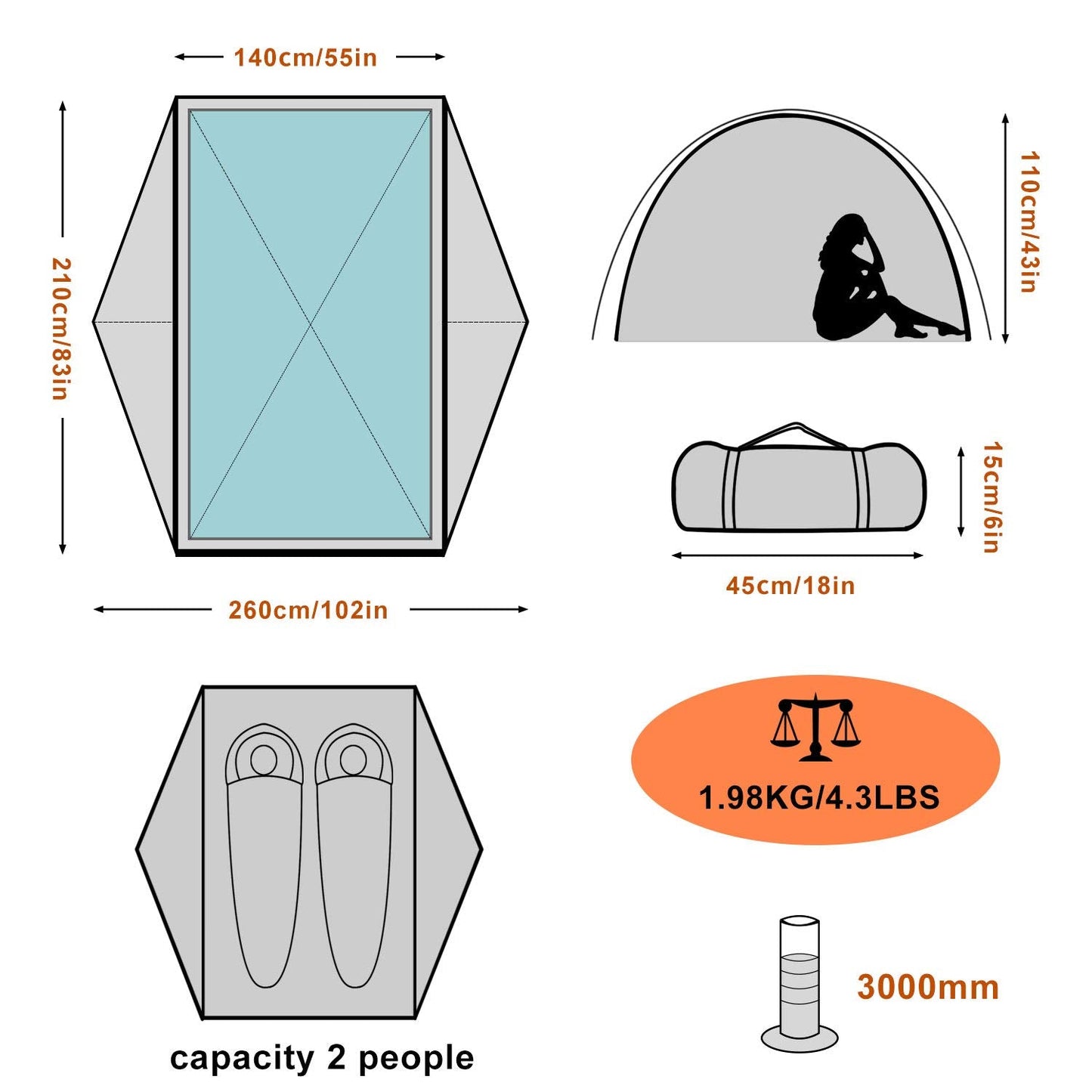 BISINNA 2 Person Camping Tent Lightweight Nylon Backpacking Tent Waterproof Windproof Two Doors Easy Setup Free Standing Double Layer Ultralight Tent for Camping Outdoor Hunting Hiking Mountaineering
