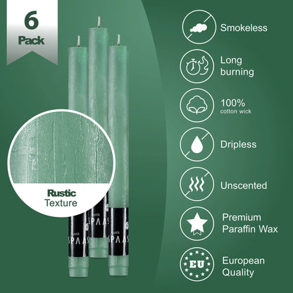 SPAAS Rustic Green Dinner Candles - 10" Tall Rustic Set of 6 Dripless Green Unscented Long Burning Decorative Candles for Home Decor, Table, Party, Weddings, and Holiday