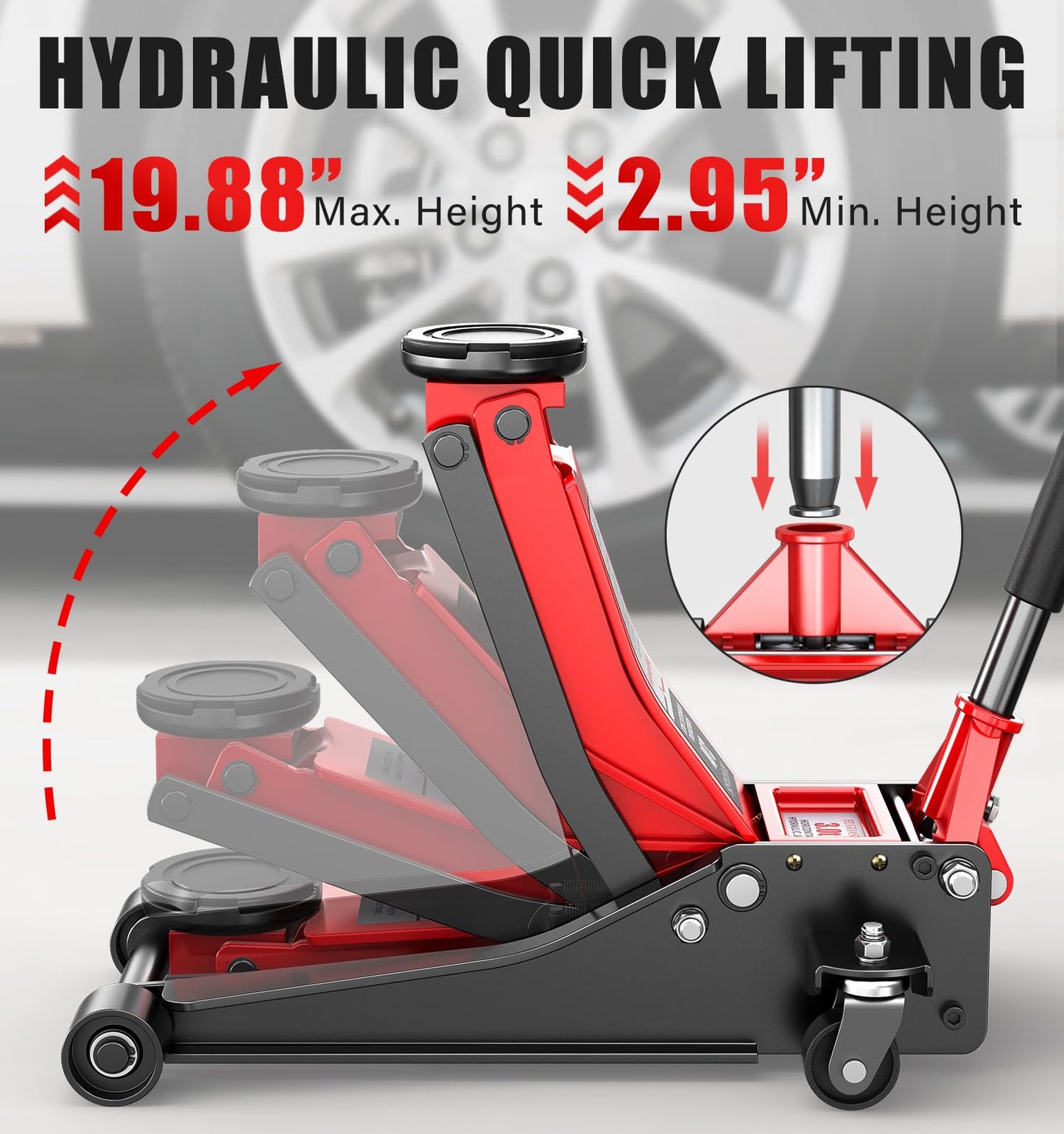 HUGOASIS 3 Ton Low Profile Hydraulic Floor Jack, Dual Pump Quick Lift, 2.95"-19.88" Lifting Range, Heavy Duty Alloy Steel with 360° Swivel Wheels for Sedan, SUV, Truck, Garage Auto Repair