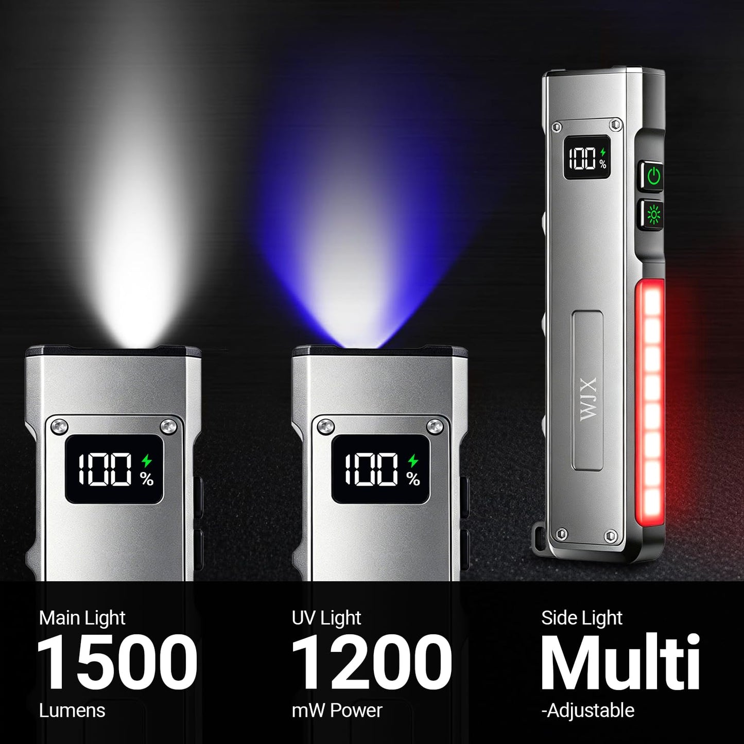 EDC Flat Flashlight, 1500 Lumens Rechargeable Pocket Flash Light with Magnetic Base, White LED, UV light, USB-C Charging for Camping, Emergency, Everyday Carry, Outdoor Working & Hiking (Bright Gray)