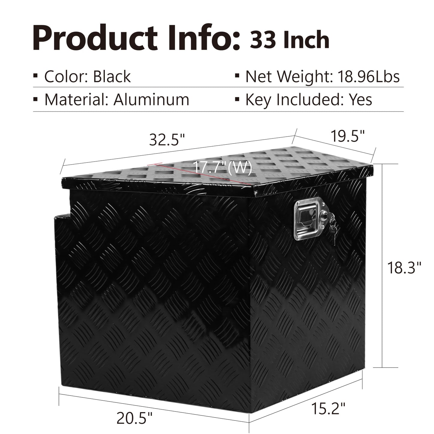33 Inch Aluminum Trailer Tongue Tool Box, Utility Tool Storage Box for Trailer Tongue with Lock and Keys, 5 Bar Tread Pattern, Waterproof Trailer Tool Box Storage Organizer 32.5"x20.5"x18.3" black
