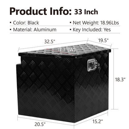 33 Inch Aluminum Trailer Tongue Tool Box, Utility Tool Storage Box for Trailer Tongue with Lock and Keys, 5 Bar Tread Pattern, Waterproof Trailer Tool Box Storage Organizer 32.5"x20.5"x18.3" black