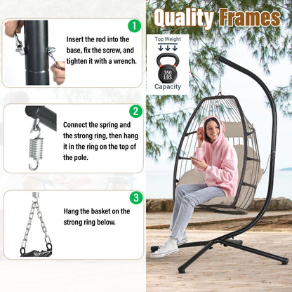 BestOffice Egg Chair Indoor Outdoor with Stand Swing Hanging Rattan Patio Basket Chair with Soft Cloud Polyester Cushion Adjustable Headset for Bedroom Outdoor Garden Swimming Pool Porch, Tan