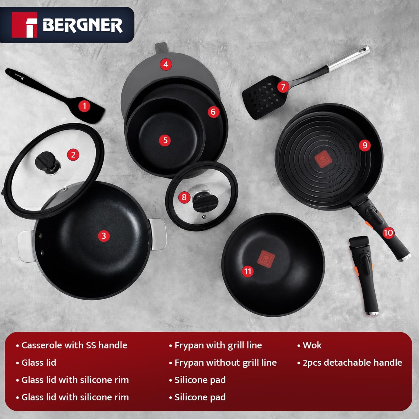 Bergner 11-Piece Non-Stick Cookware Set with Detachable Handles - Stackable Die-Cast Aluminum Pots and Pans Set, Induction Compatible, Space-Saving Kitchen Cookware, Black
