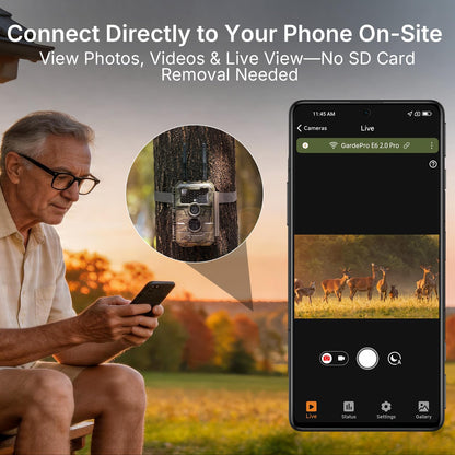 GardePro E6 2.0 Pro WiFi Trail Camera (Non-Cellular), Dual Antennas, Stable Connection, 4K Video, Rechargeable Battery, On-Site App Viewing, Wide Field of View, No-Glow Night Vision, Motion Activated