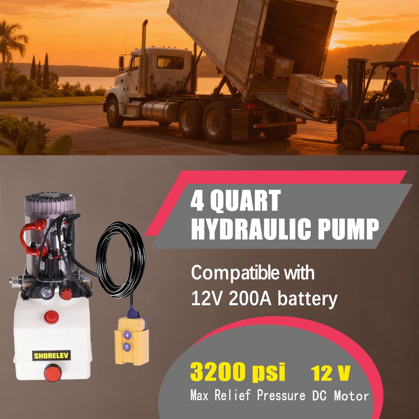 SHORELEV 12V DC Double Acting Hydraulic Power Unit, 4L Plastic Reservoir, for Dump Trailers, Farm Equipment, Utility Trailers, and Marine Applications