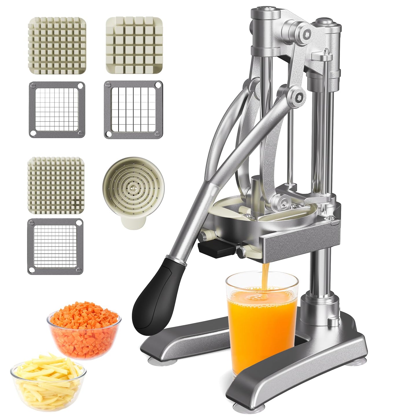 2-in-1 Commercial Juicer & Vegetable Chopper – Heavy Duty Cast Iron Manual Citrus Press with Stainless Steel Food Dicer, French Fry Cutter, 1/2" 3/8" 1/4" Blades for Potatoes