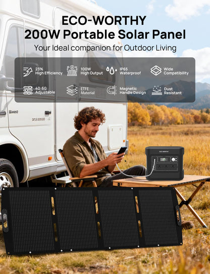 ECO-WORTHY 200W Portable Solar Panel for Power Stations,IP65 Waterproof & Lightweight with Adjustable Kickstand,23% High Efficiency Foldable Solar Panel for Outdoor RV Camping Off Grid Emergency