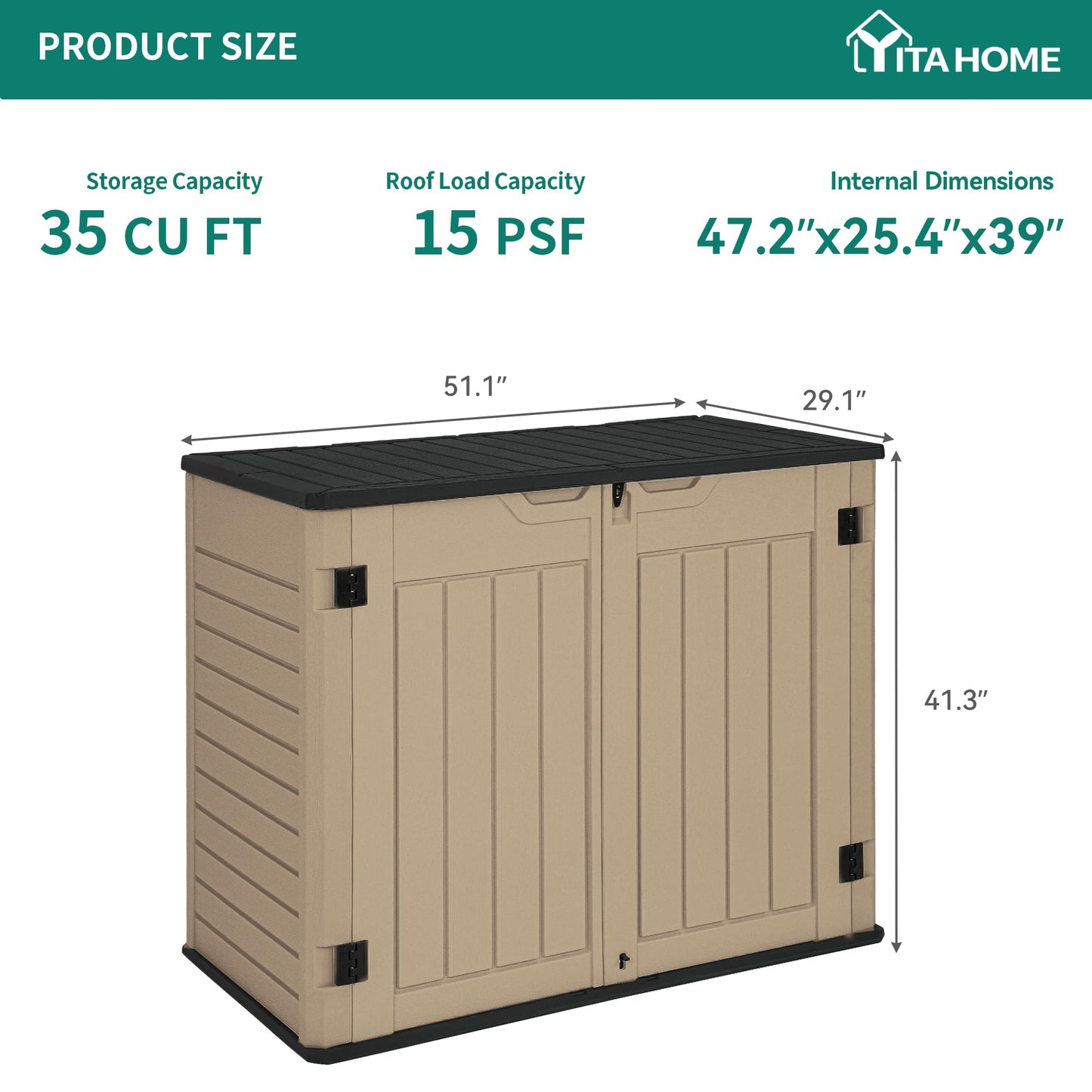 YITAHOME Outdoor Horizontal Storage Sheds w/o Shelf, 35 Cu Ft Lockable Resin Waterproof Shed, Ideal for Garden Tools, Easy to Assemble, Brown