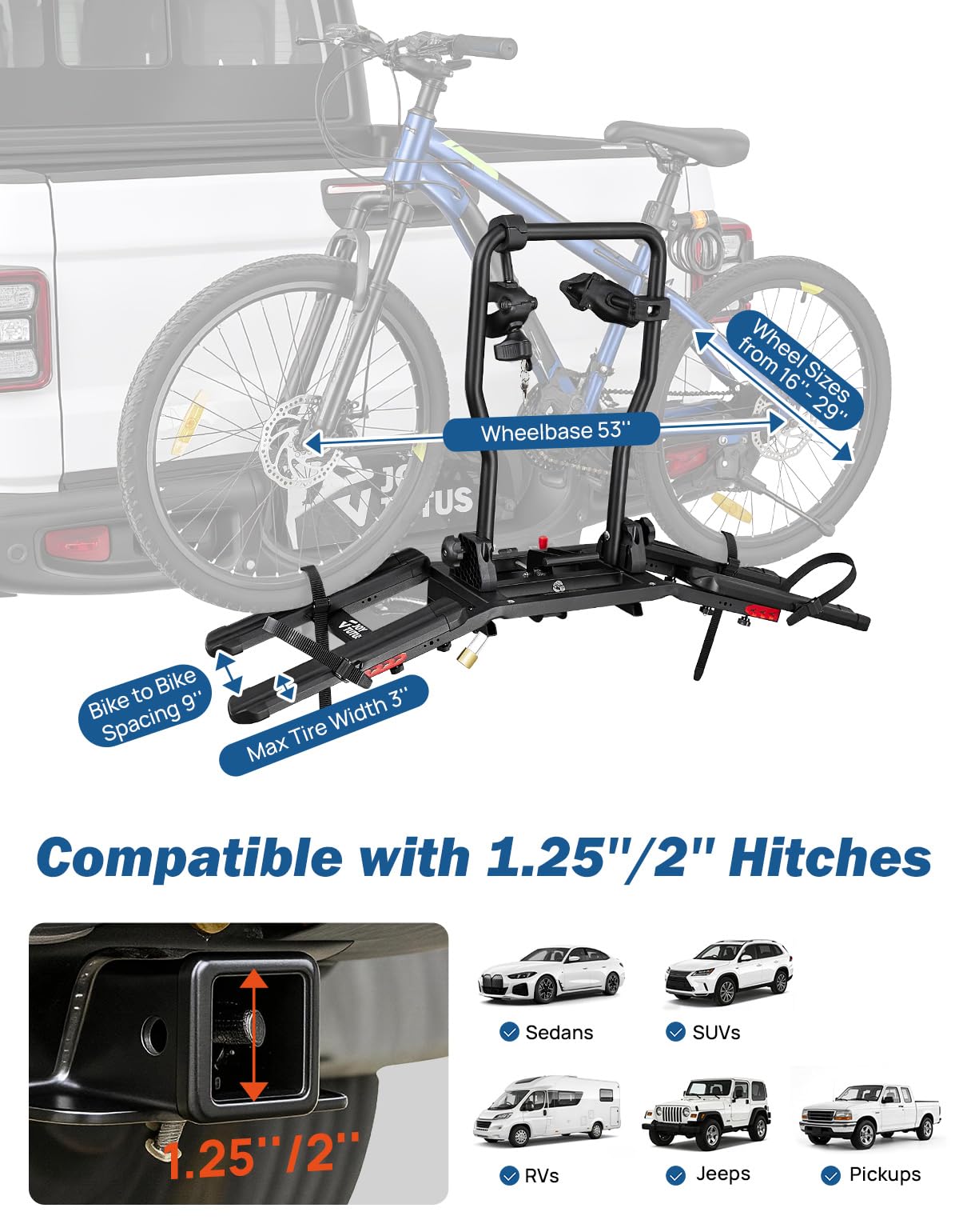 JOYTUTUS Compact & Lightweight 2-Bike Hitch Bike Rack, 150 LBS Capacity for Car SUV Truck with 1¼/2” Receiver, Easy Install Tilting Folding Anti-Wobble Bike Carrier, Fits Most Wheelbases (Max 53'')