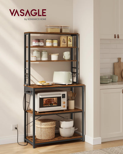VASAGLE Bakers Rack with Power Outlet, 31.5 Inches Coffee Bar for Kitchen with Storage, 6-Tier Kitchen Shelves with 6 Hooks, Microwave Stand, Industrial, Rustic Brown and Ink Black UKKS119K01