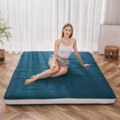 MAXYOYO Futon Mattress, Padded Japanese Floor Mattress Quilted Mattress Topper, Extra Thick Folding Sleeping Pad Breathable Floor Lounger Guest Couch for Camping, Bluestone, Queen