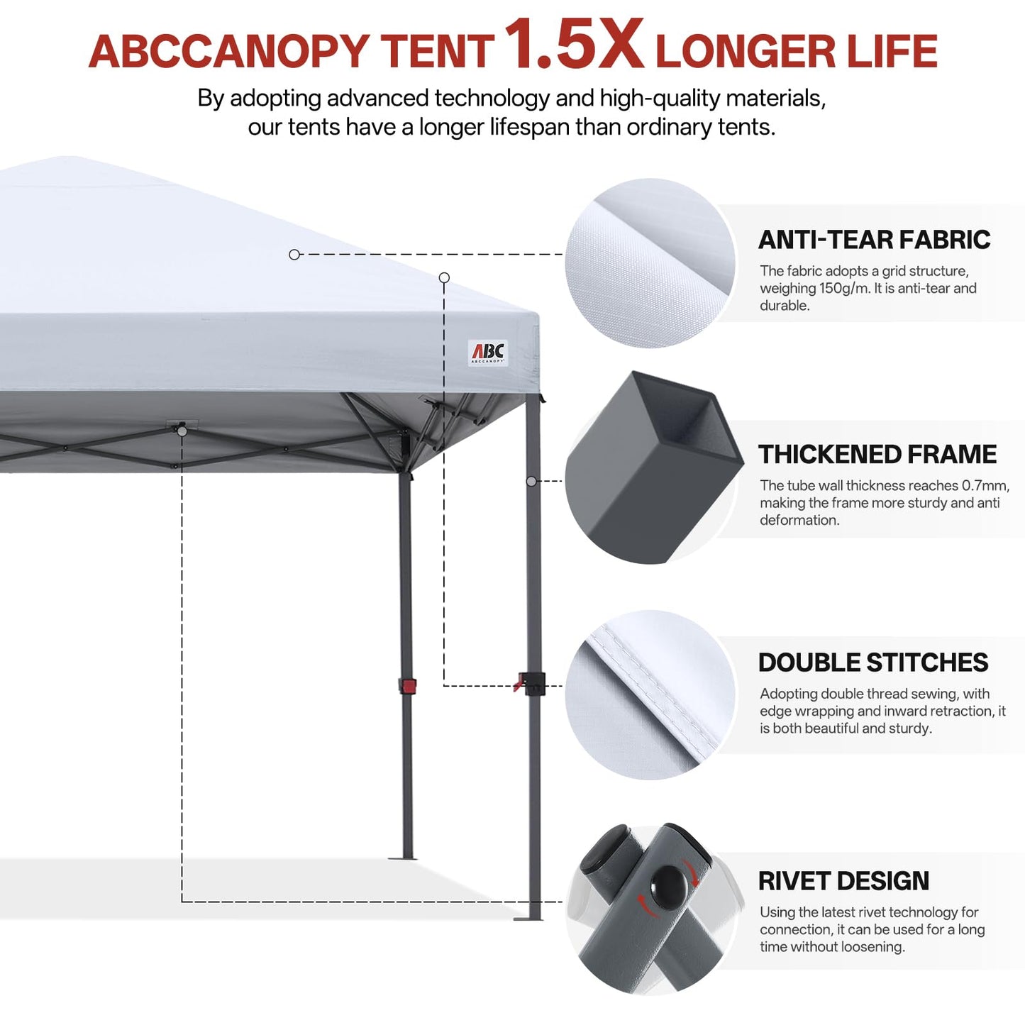 ABCCANOPY 10x10 Pop Up Canopy Tent, Easy Setup Instant Shelter with Wheeled Bag, Heavy Duty Outdoor Canopy for Beach, Market, Backyard, UV Protection, Outdoor Weather Protection (White, 10x10)