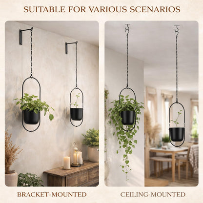 Fumete 2 Set Black Hanging Planters with Chains Metal Plant Hanger Wall Mounted Iron Flower Pot Holder for Indoor Outdoor Plants, Planting Ivy and Fern for Window Porch Balcony and Home Decor