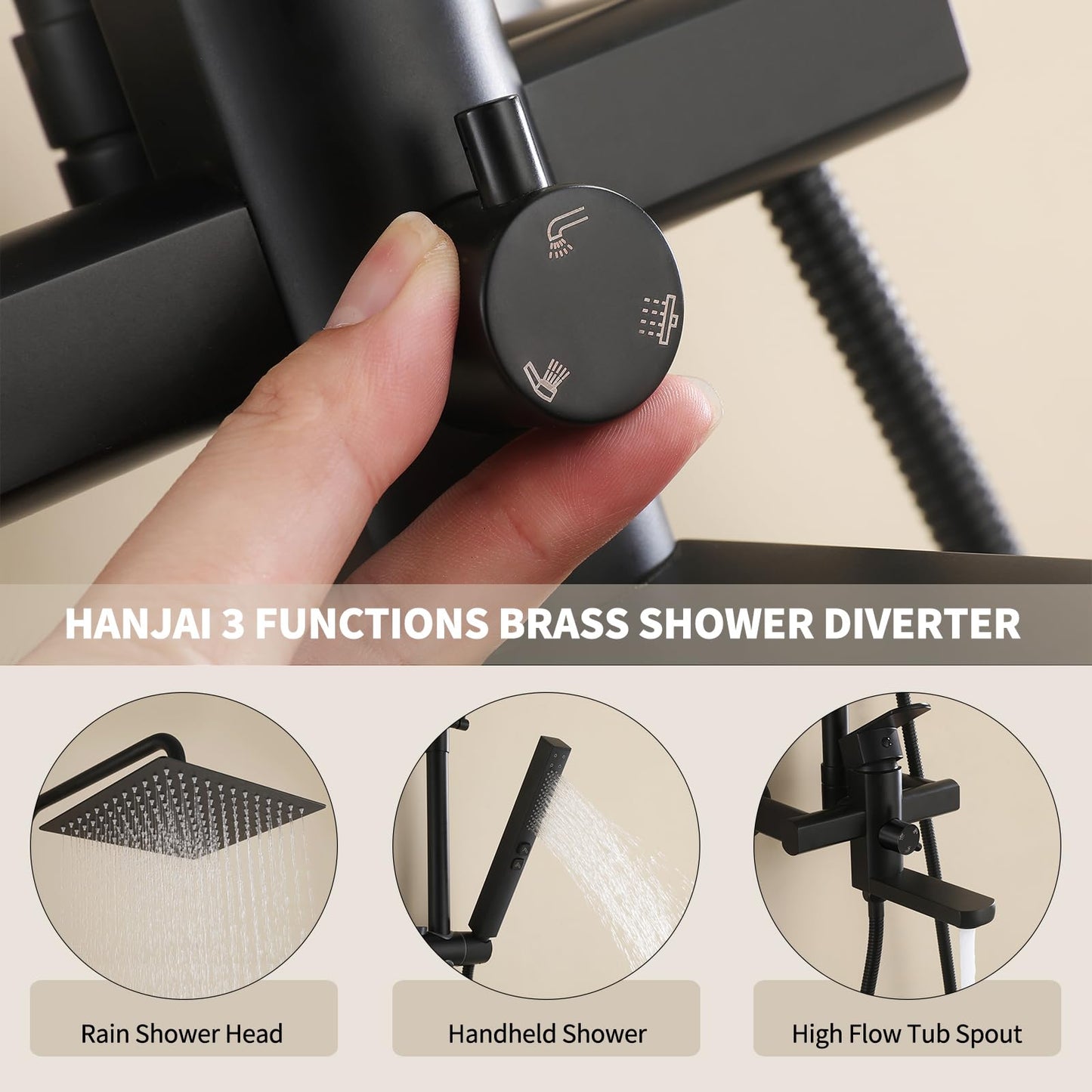 HANJAI Exposed Shower System 10" Matte Black Rainfall Shower Head with 2 Modes Handheld and Tub Faucet Set, Square Shower Head 3 Functions Outdoor Shower Fixtures with Brass Valve, Height Adjustable
