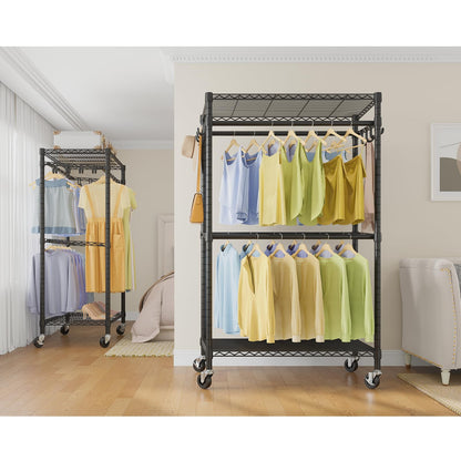 VIPEK R2 Pro Rolling Garment Rack 2-Sided Hanging Heavy Duty Clothes Racks With Wheels Adjustable Shelves Hanging Rods Metal Portable Closet Storage Freestanding Clothing Rack, Max Load 600lbs, Black