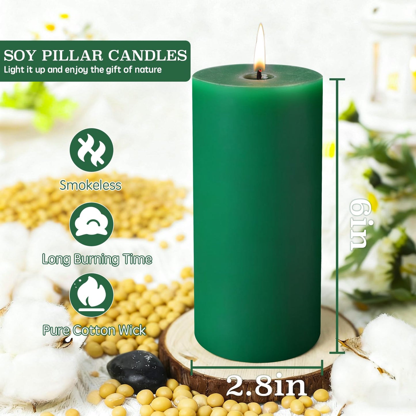 2.8x6 Inch Soy Pillar Candles 270 Hours Long Burning Natural Soy Wax Candles Smokeless Green Pillar Candles Dripless Handmade Pillar Candle for Home Wedding Table, 3 Pack