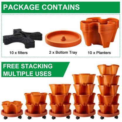 Umigy 2 Set 5 Tier Stackable Planters Vertical Garden Planters for Strawberry Herb Flower and Vegetable Indoor Outdoor Gardening Pots with Removable Wheels and Bottom(Terracotta)