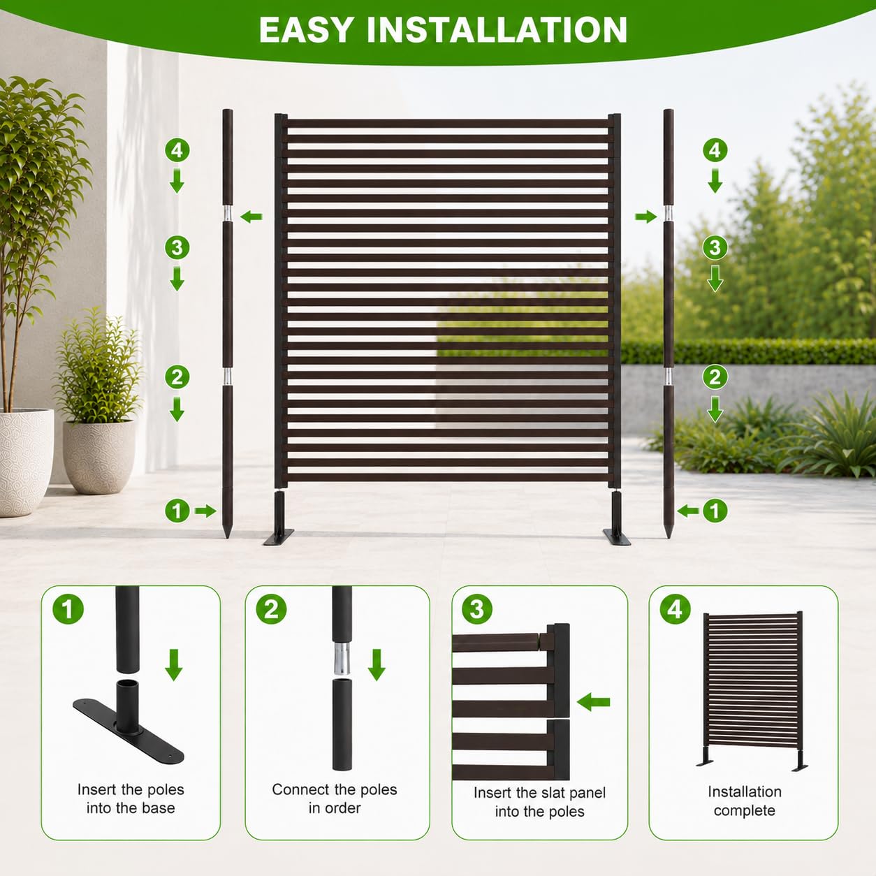 OTOSUNNY Metal Outdoor Privacy Screen with Stand, 4 ft W x 6 ft H PE-Coating Steel Pipes and Slats Panels, Decoative Privacy Screen Fence Panels Freestanding for Outside Patio Garden Backyard, Brown
