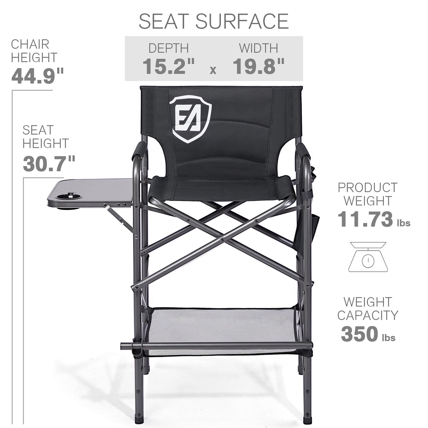 EVER ADVANCED 30.7" Seat Height Directors Chair for Makeup Artist with Side Table Easy Get in Out for Elderly Tall Camping Chair Supports 350lbs Black