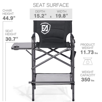 EVER ADVANCED 30.7" Seat Height Directors Chair for Makeup Artist with Side Table Easy Get in Out for Elderly Tall Camping Chair Supports 350lbs Black
