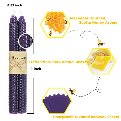 Lacaser Natural Beeswax Purple Taper Candles Bulk Set of 14 pcs, Unscented & Smokeless & Dripless Long Candlesticks 9 Inches Each, Gift Box Packed
