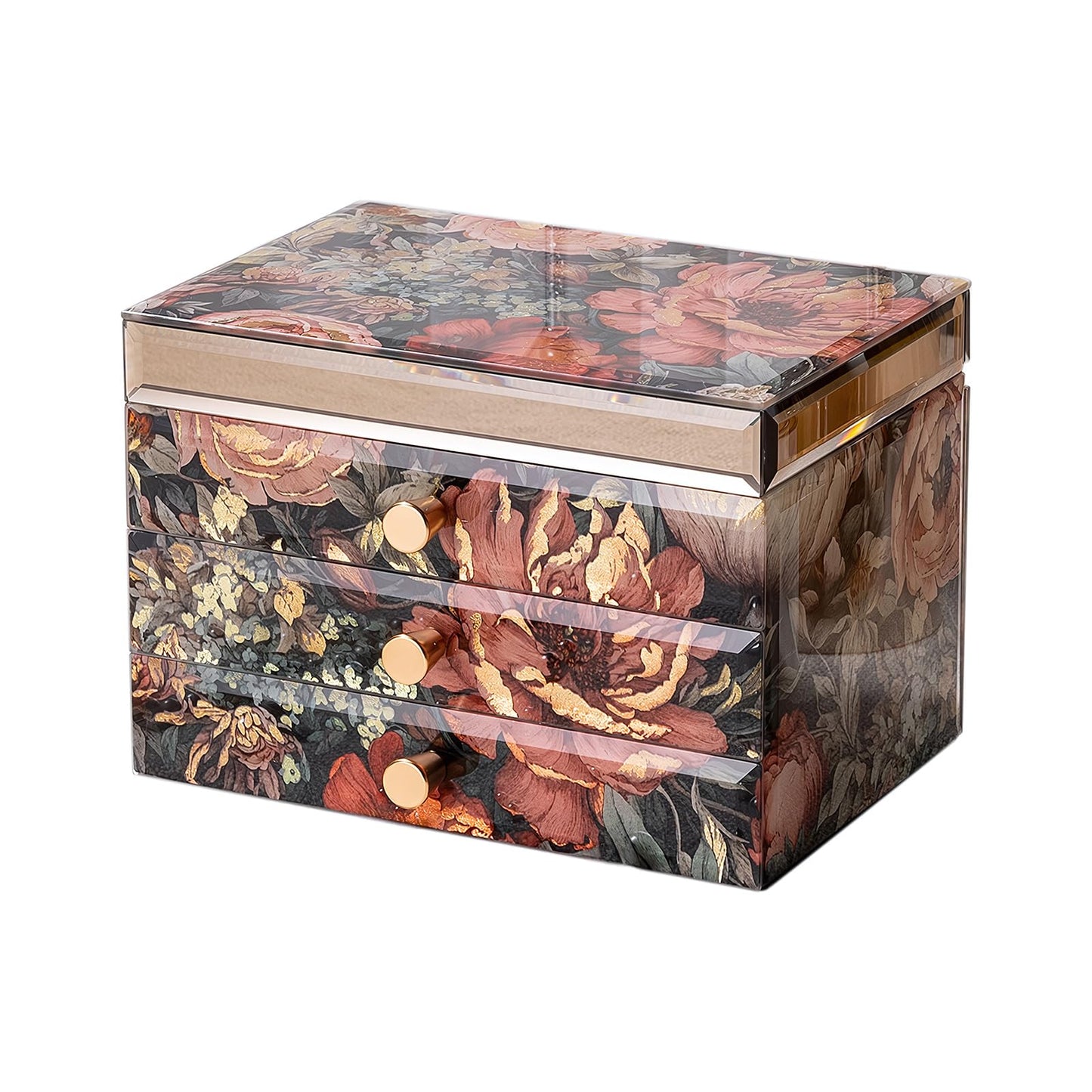 Homruilink High End Glass Jewelry Box, 3 Layer Jewelry Organizer, Velvet-Lined Case For Ring, Necklace, Earring, Bracelet Storage, Ideal Gift (Peony)