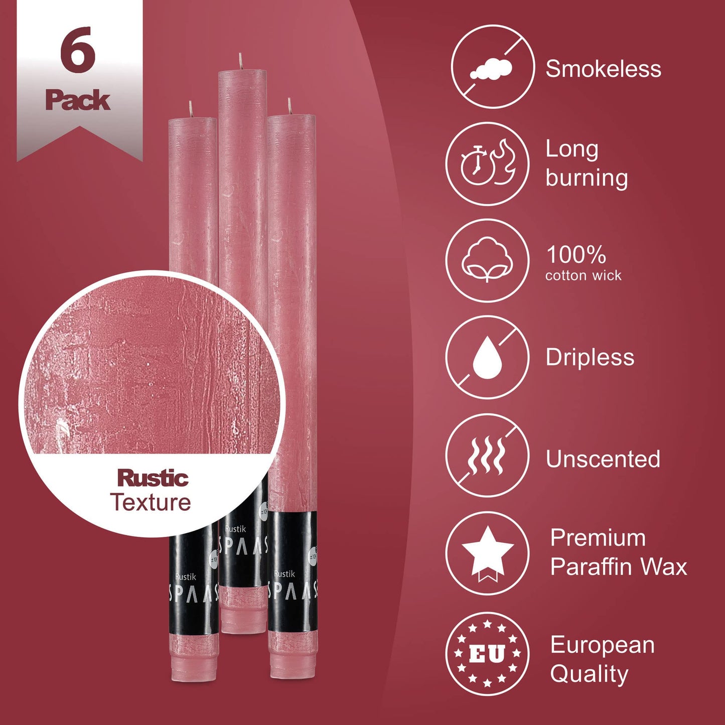 SPAAS Rustic Rose Blush Candles - Set of 6 10" Tall Dripless Light Pink Unscented Long Burning Decorative Table/Party/Wedding/Holiday Candles