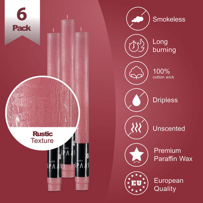 SPAAS Rustic Rose Blush Candles - Set of 6 10" Tall Dripless Light Pink Unscented Long Burning Decorative Table/Party/Wedding/Holiday Candles