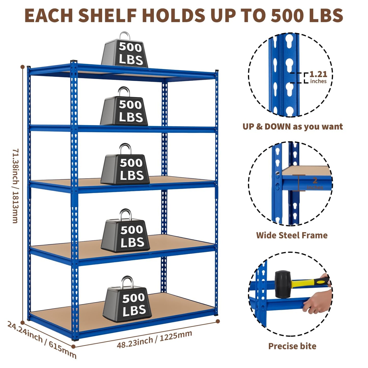 5-Tier Storage Shelving, Adjustable Garage Shelves, Meta Storage Shelving Unit with 2500LBS Capacity, Steel Wire Rack Shelf Organizer for Garage, Kitchen Pantry Basement, 48 x 24x 71inch, Blue