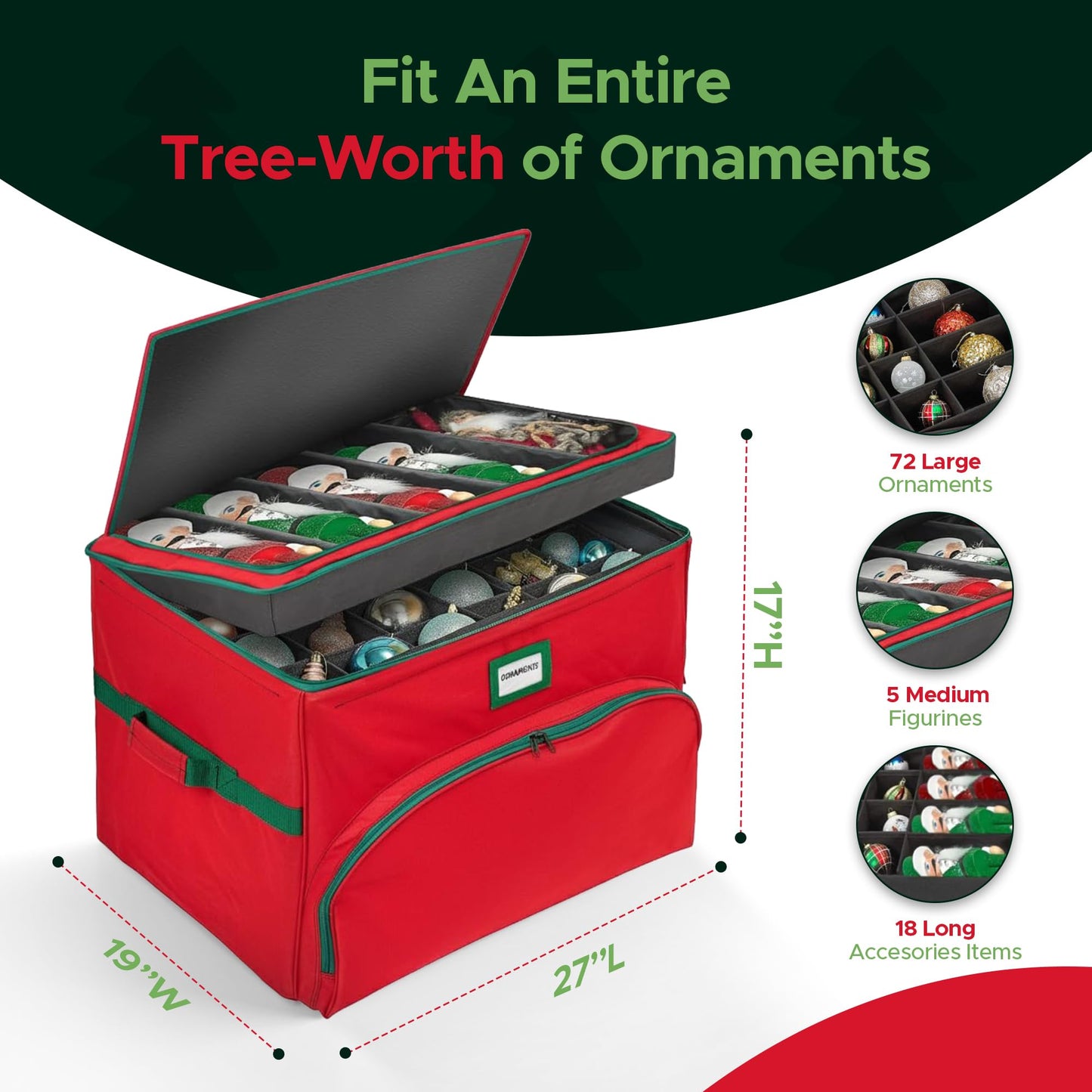 Christmas Nutcracker and Figurine Collectible Storage Box - Holds Up to 72 Ornaments 4” x 4” - Top Adjustable Compartments for Figurines, Nutcrackers, etc - Heavy Duty 600D/ Inside PVC Material