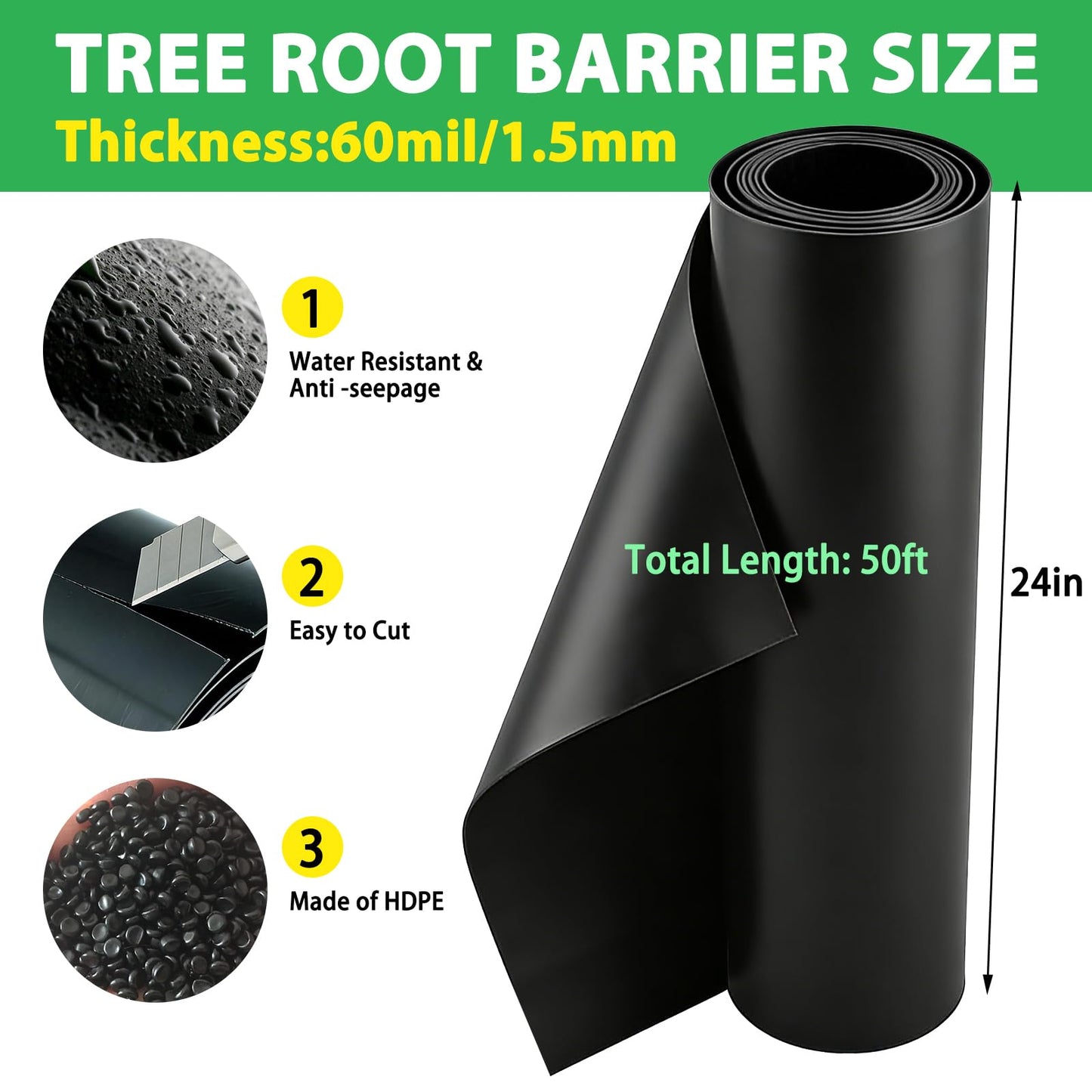 West Bay 50ft x 24in x 60mil Tree Root Barrier, Heavy-Duty Bamboo Root Barrier Weed Blocker for Landscape Tree Ring Edging Garden Borders Driveway and Sidewalk Protection Roads