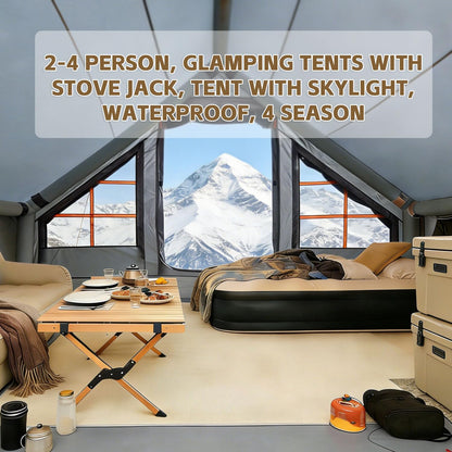 SANHOVO Inflatable Tents for Camping - Easy Blow Up Glamping Tent with Hand Pump, Hot Tent with Stove Jack Waterproof PVC Air Inflatable Tent House for Family Weekend Camping