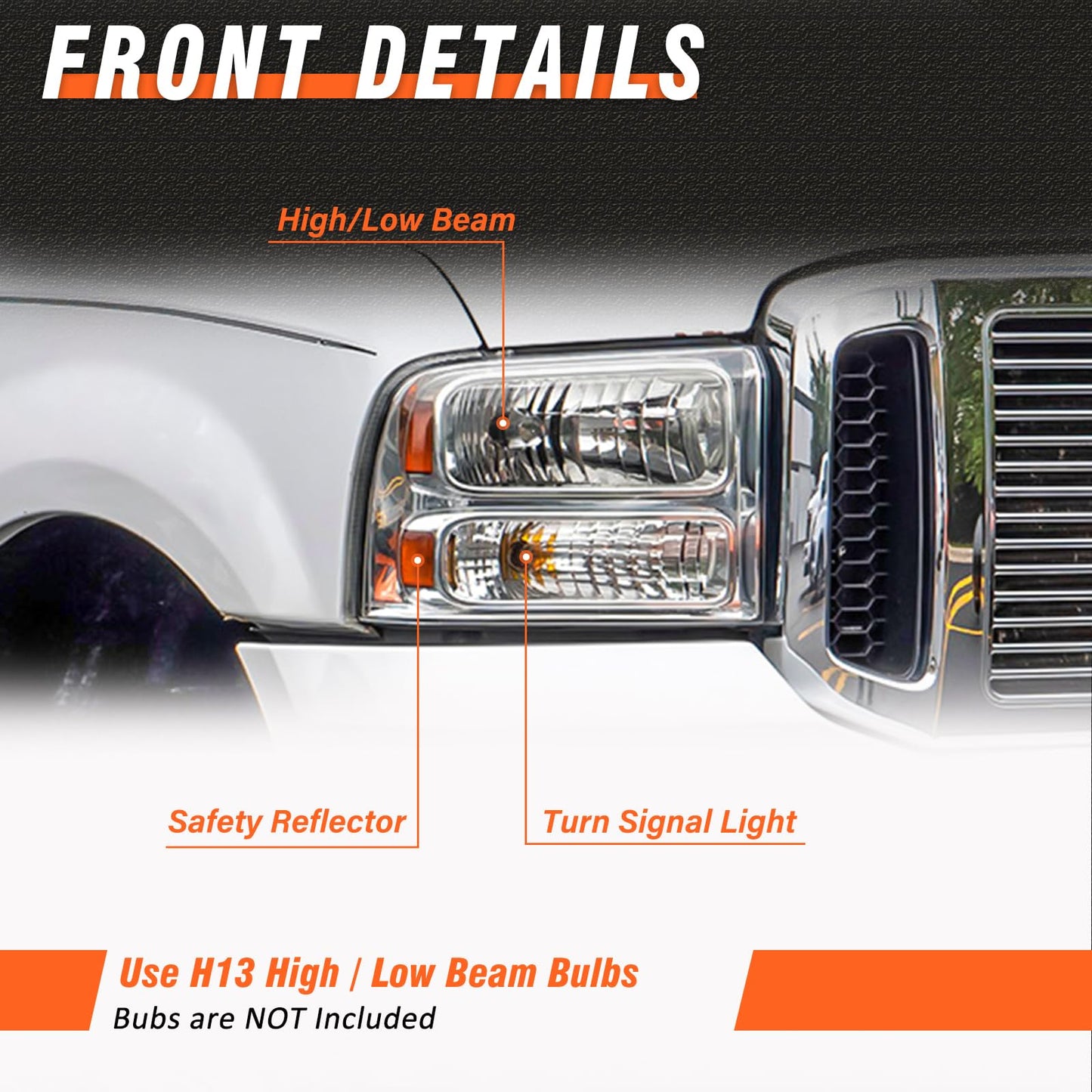 AXLAHA Headlight Assembly for 2005 2006 2007 Ford F250 F350 F450 F550 Super Duty Chrome Housing Amber Reflect 05 Ford Excursion Headlamps Driver and Passenger Side