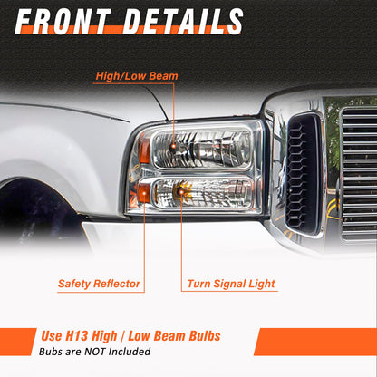 AXLAHA Headlight Assembly for 2005 2006 2007 Ford F250 F350 F450 F550 Super Duty Chrome Housing Amber Reflect 05 Ford Excursion Headlamps Driver and Passenger Side