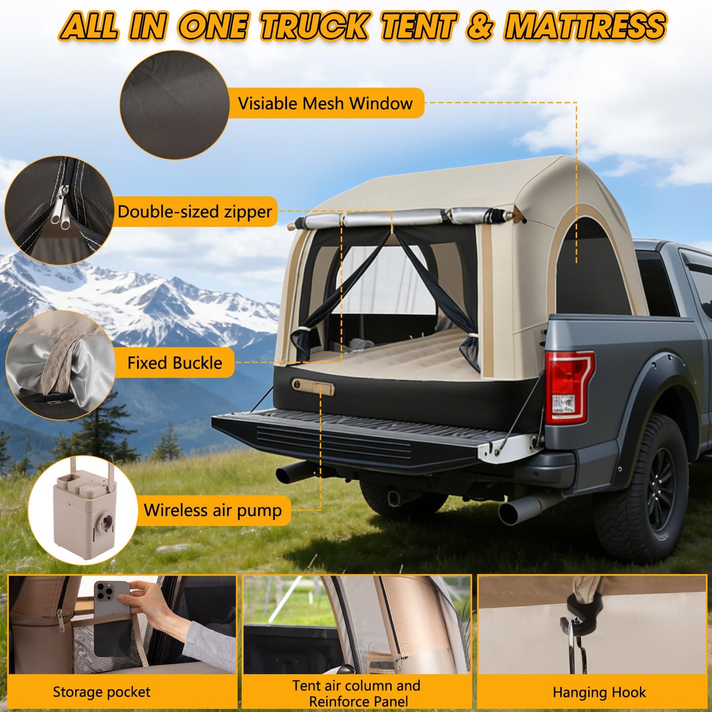 TIPHOPE All-in-One Inflatable Truck Bed Tent with Mattress for 5.5-6.5FT,Built in Wireless Rechargeable Air Pump,3 Mins Fast Setup,Waterproof PU 2000MM Pickup Truck Tent for Camping Road Trip