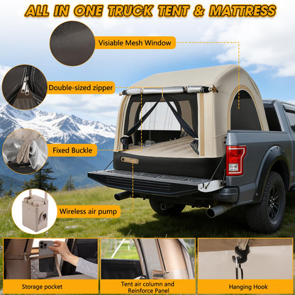 TIPHOPE All-in-One Inflatable Truck Bed Tent with Mattress for 5.5-6.5FT,Built in Wireless Rechargeable Air Pump,3 Mins Fast Setup,Waterproof PU 2000MM Pickup Truck Tent for Camping Road Trip