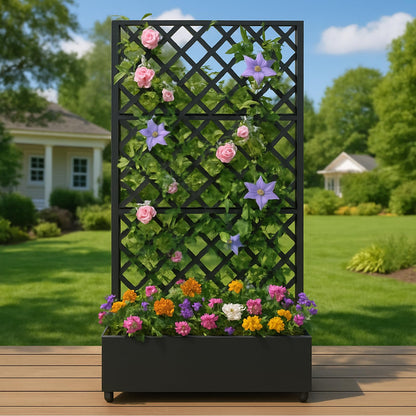 EcoSummer Metal Planter Box, with Diamond Lattice Trellis, 72"x35", Galvanized Raised Garden Bed on Wheels for Climbing Plants, Black