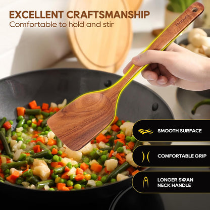 Skiennix Wooden Spoons - 10PCS Teak Wood Cooking Utensil Set with Hooks | Smooth Finish, Heat Resistant