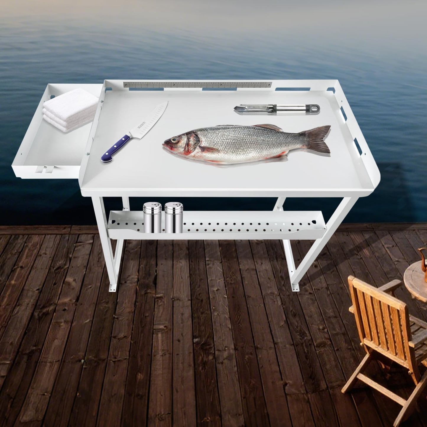 HomiShare Professional Heavy-Duty Dock-Mounted Fish Fillet Table, Corrosion-Resistant, Ergonomic Dock Cleaning Station with HDPE Cutting Board & Tool Storage