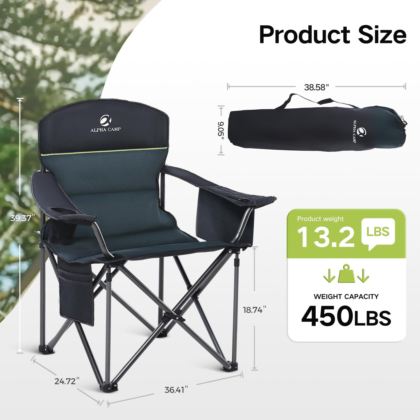 2 Pack Oversized Folding Camping Chairs High Back Heavy Duty Padded Lawn Chair for Adults Support up to 450lbs with Cup Holder, Side Pocket Cooler Bag, Green