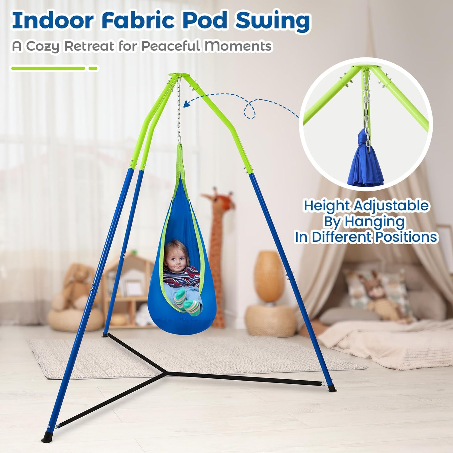 FUNLIO 2-in-1 Sensory Swing with Stand, Triangular Frame Swing Set with Sensory Swing & Pod Swing, Heavy Duty Steel Swing Stand for Kids, 240 lbs Capacity, Indoor & Outdoor, Height Adjustable Design