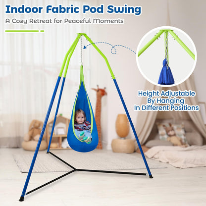 FUNLIO 2-in-1 Sensory Swing with Stand, Triangular Frame Swing Set with Sensory Swing & Pod Swing, Heavy Duty Steel Swing Stand for Kids, 240 lbs Capacity, Indoor & Outdoor, Height Adjustable Design