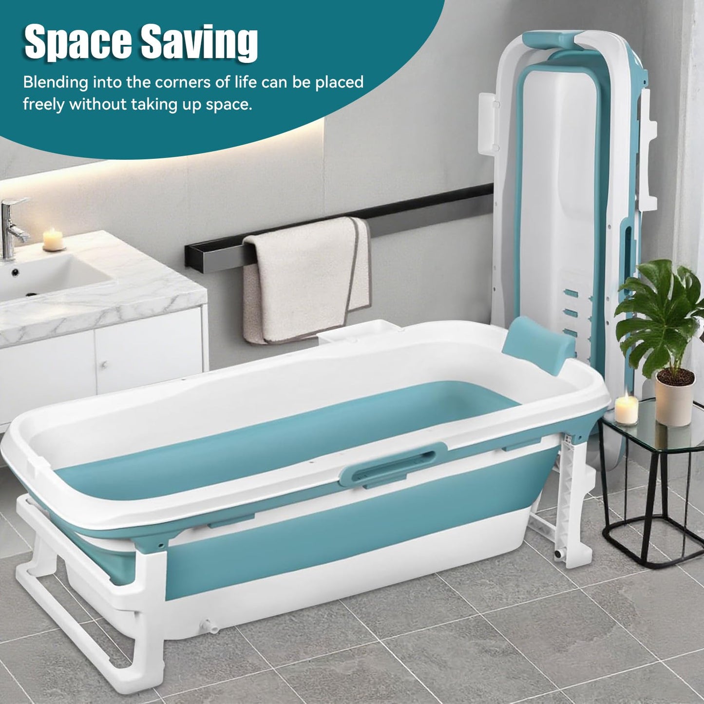 53'' Large Portable Bathtub for Adult, Foldable Bathtub Portable Soaking Bath Tub Effortless, Ergonomically Designed for Hot Bath Ice Bath with Reached Out Hands