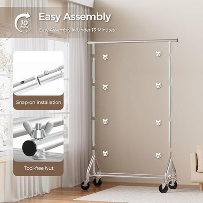 HYSEYY Rolling Clothes Rack - Sturdy Metal Garment Rack with Wheels | 350 LBS Capacity, Silver, Large