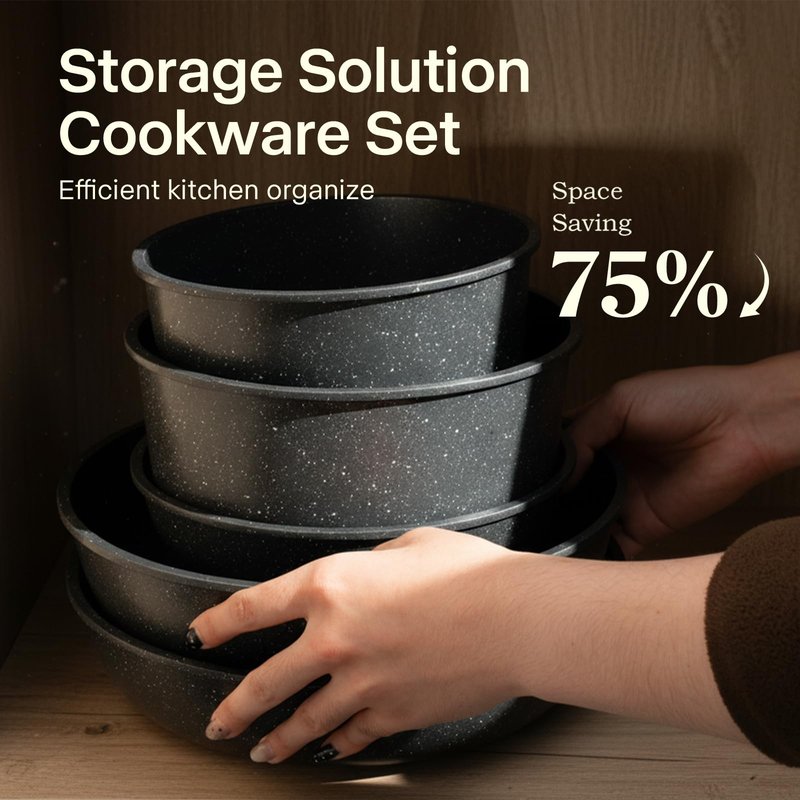 Pots and Pans Set Non Stick, Ceramic Cookware Sets 21 PCS, Granite Induction RV Kitchen Portable Stackable Cooking Set Removable Handles, Dishwasher ＆ Oven Safe, Black