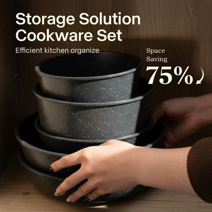 Pots and Pans Set Non Stick, Ceramic Cookware Sets 21 PCS, Granite Induction RV Kitchen Portable Stackable Cooking Set Removable Handles, Dishwasher ＆ Oven Safe, Black