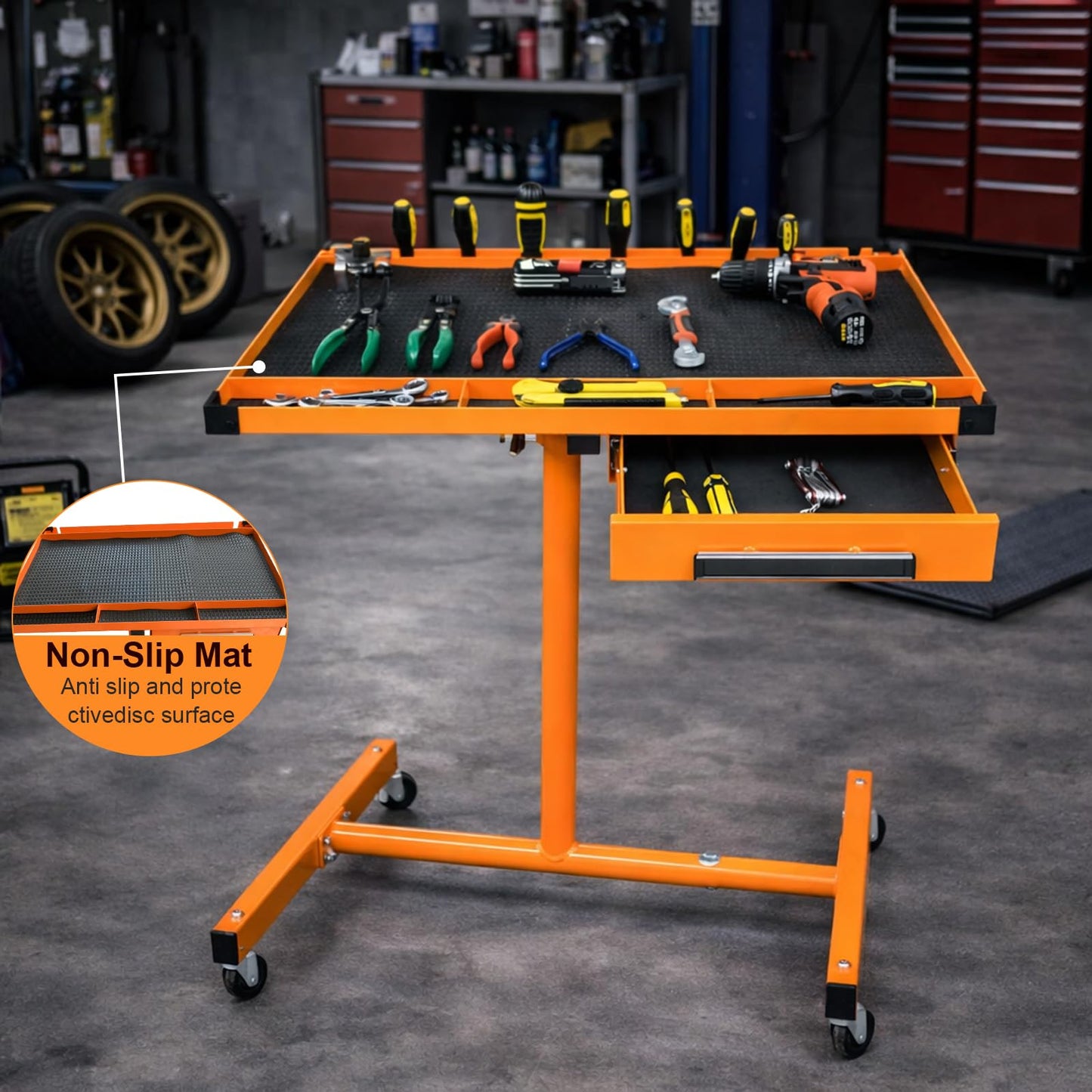 A A IN LT018 Heavy Duty Adjustable Work Table with Drawers, Rolling Tool Tray on Wheels of 220lbs Capacity, Mobile Service Tray for Mechanic