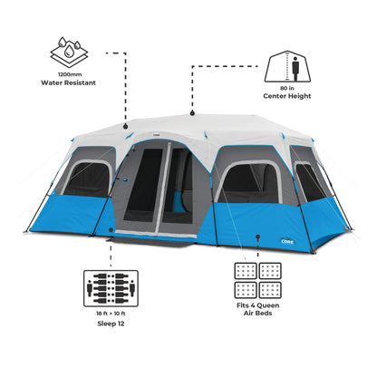 CORE 12 Person Instant Cabin Tent with LED Lights | Large 3 Room Family Lighted Pop Up Tent for 2 Minute Camp Setup | Included Storage Pockets for Camping Accessories