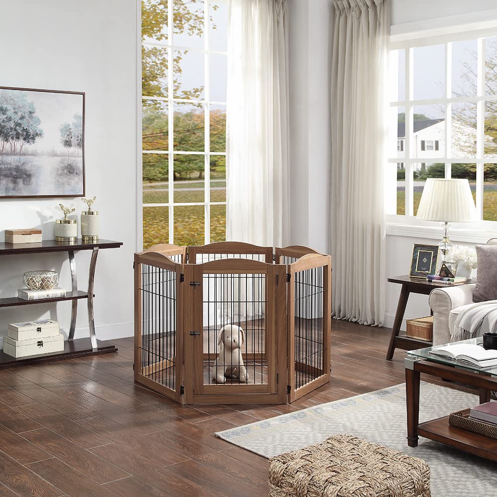 unipaws Pet Playpen with Wood and Wire, 6 Panels Extra Wide Freestanding Walk Through Dog Gate with 4 Support Feet, Foldable Stairs Barrier Pet Exercise Pen for Dogs Cats